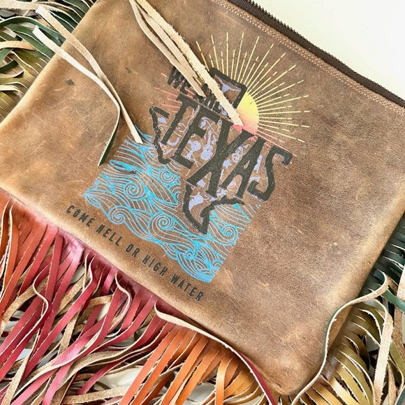 Junk Gypsy Lane Boots Brown Leather Clutch Purse Wristlet Fringe 10 x 7.5 Texas - Picture 2 of 7